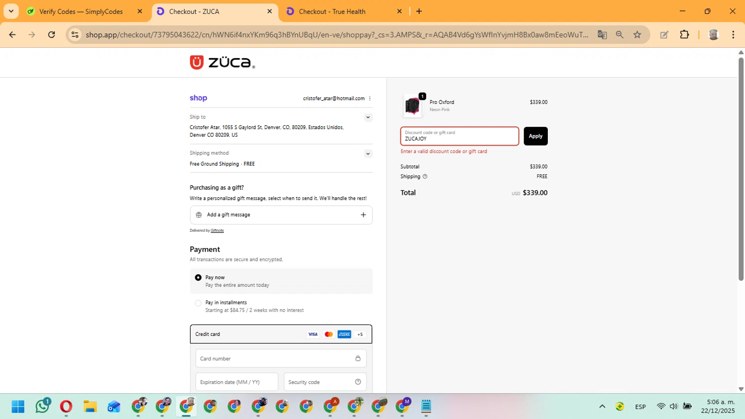 ZÜCA promo code screenshot showing code ZUCAJOY applied at ZÜCA checkout page. Uploaded by SimplyCodes community member ManuelF on Dec 22, 2025