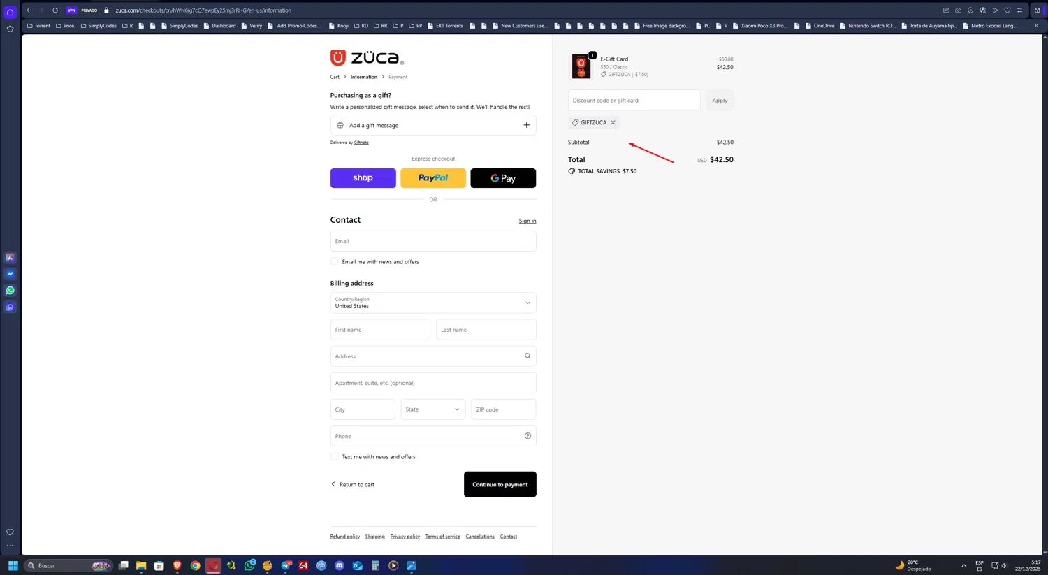 ZÜCA promo code screenshot showing code GIFTZUCA applied at ZÜCA checkout page. Uploaded by SimplyCodes community member UnkNownVnzla on Dec 22, 2025
