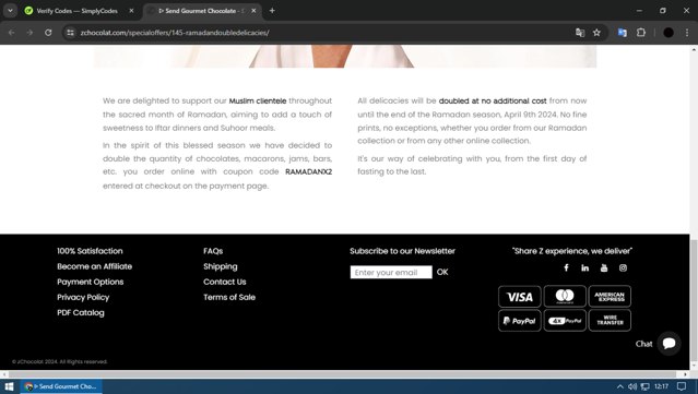 zChocolat checkout page showing zChocolat coupon code box | Screenshot taken by SimplyCodes community member on Apr 20, 2024