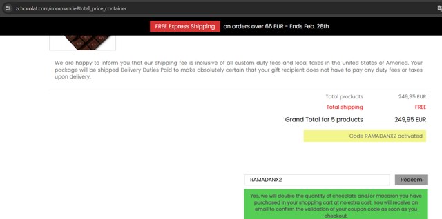 zChocolat checkout page showing zChocolat coupon code box | Screenshot taken by SimplyCodes community member on Feb 27, 2025
