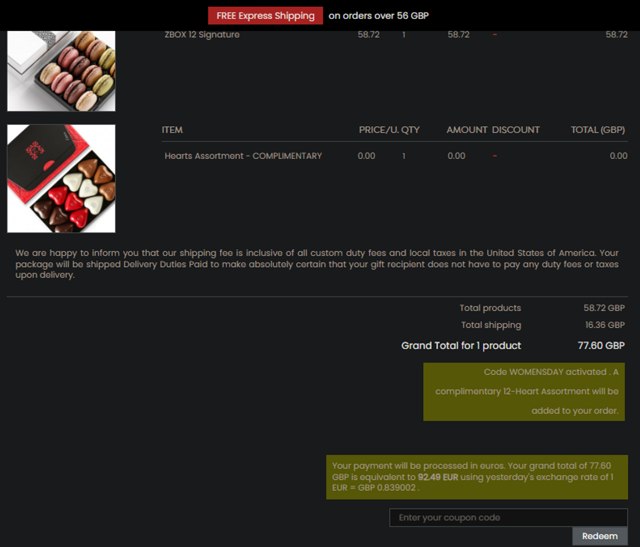 zChocolat checkout page showing zChocolat coupon code box | Screenshot taken by SimplyCodes community member on Mar 7, 2025