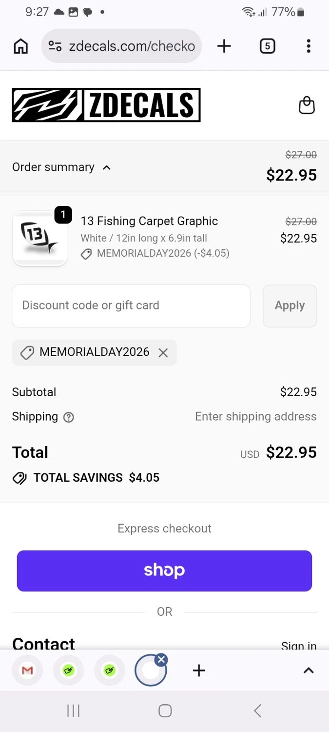 ZDecals promo code screenshot showing code MEMORIALDAY2026 applied at ZDecals checkout page. Uploaded by SimplyCodes community member ScanMaverick9378 on May 22, 2026