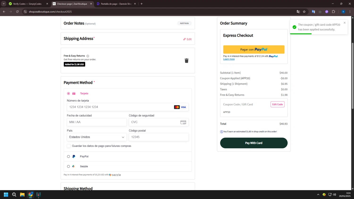 Zeal Boutique coupon code screenshot showing code APP20 applied at Zeal Boutique checkout page. Uploaded by SimplyCodes community member ExtraordinarySleuth4345 on May 20, 2025