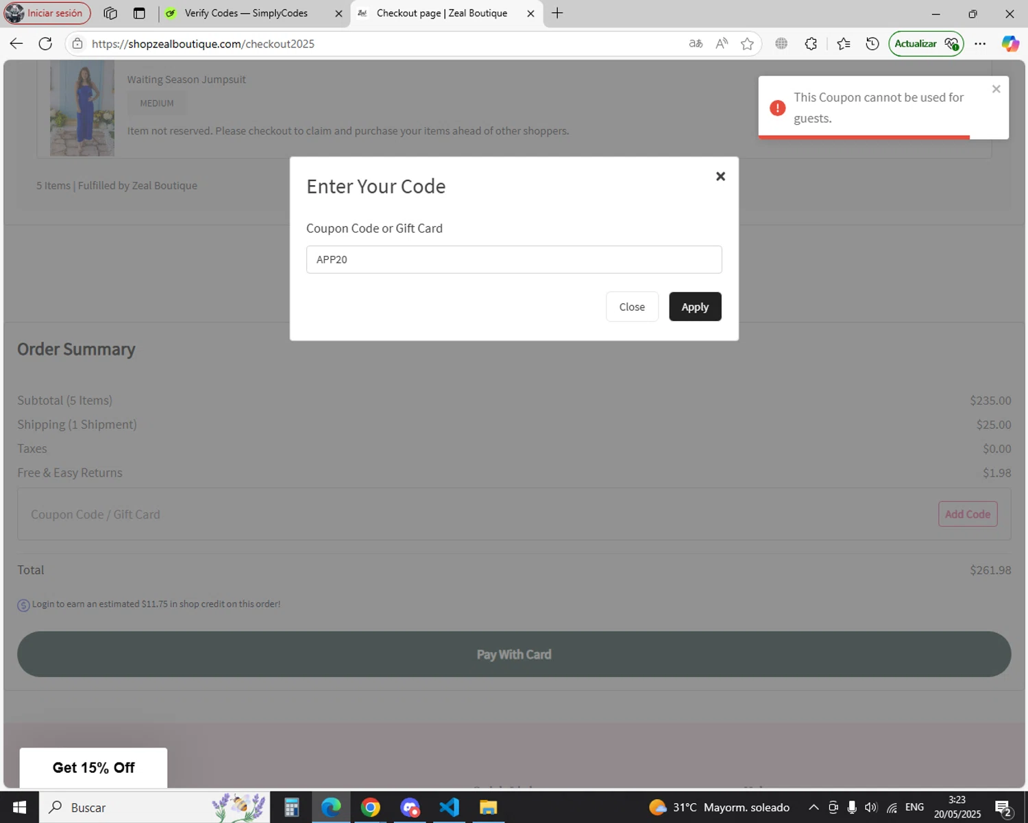 Zeal Boutique coupon code screenshot showing code APP20 applied at Zeal Boutique checkout page. Uploaded by SimplyCodes community member jechtff10 on May 20, 2025
