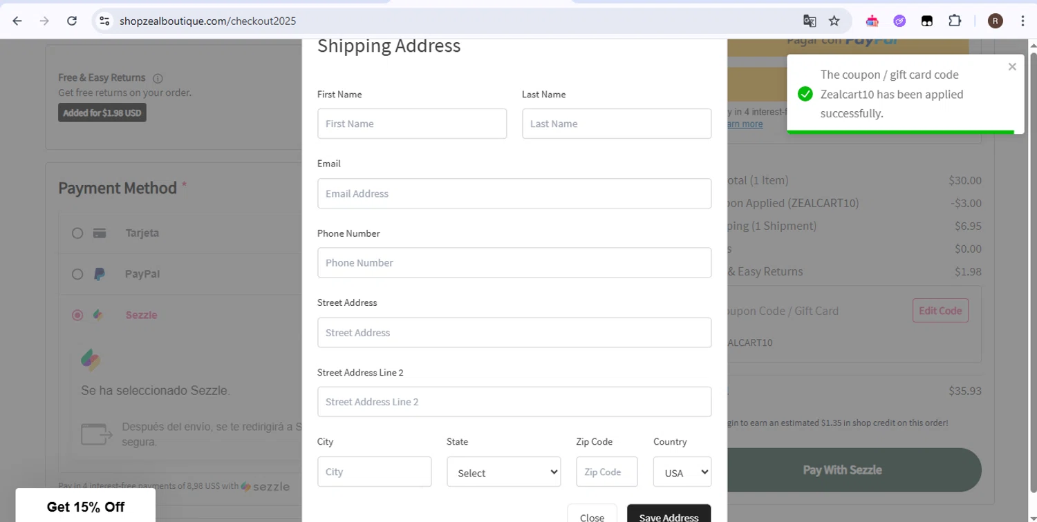 Zeal Boutique coupon code screenshot showing code Zealcart10 applied at Zeal Boutique checkout page. Uploaded by SimplyCodes community member zurdita on May 20, 2025