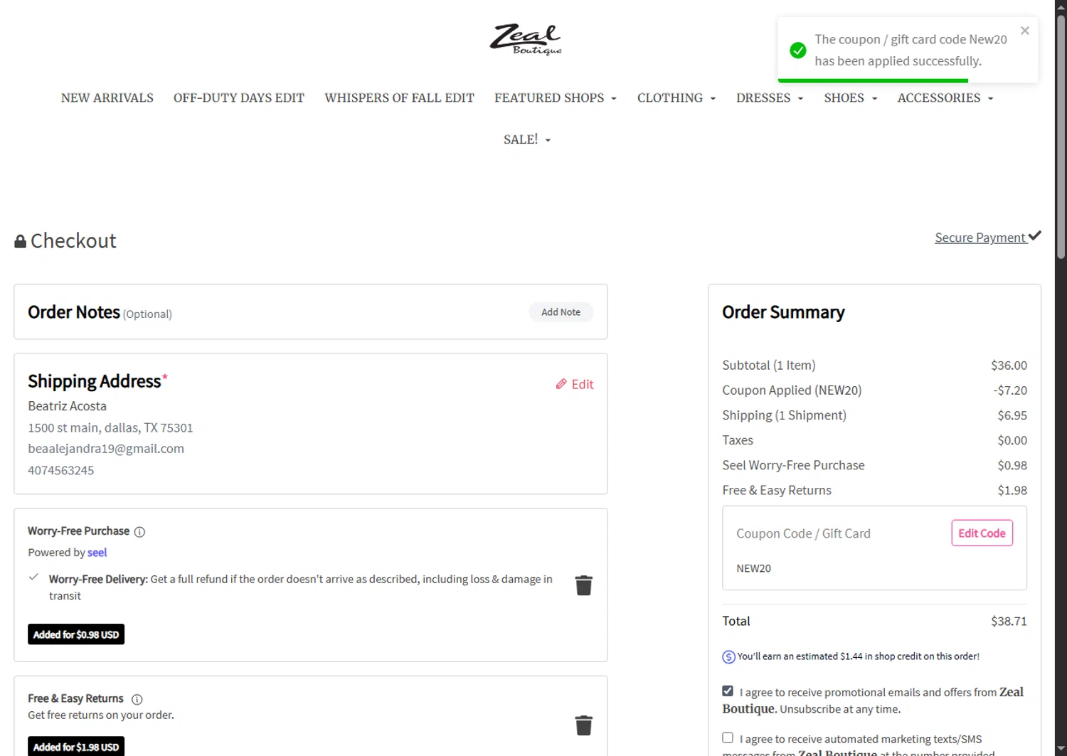 Zeal Boutique coupon code screenshot showing code New20 applied at Zeal Boutique checkout page. Uploaded by SimplyCodes community member Beaaalmera on Sep 17, 2025
