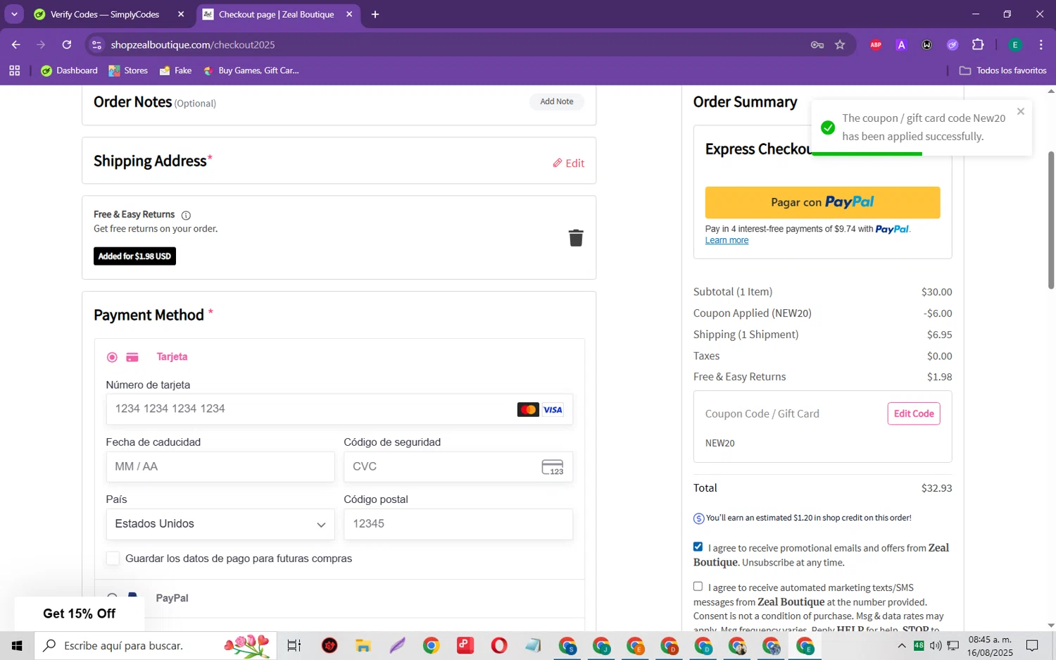 Zeal Boutique coupon code screenshot showing code New20 applied at Zeal Boutique checkout page. Uploaded by SimplyCodes community member RebateScholar429 on Aug 16, 2025