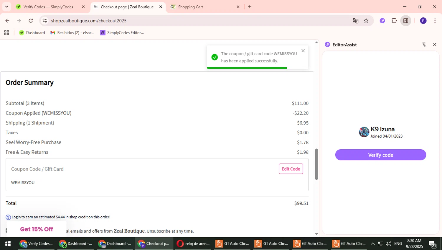 Zeal Boutique coupon code screenshot showing code WEMISSYOU applied at Zeal Boutique checkout page. Uploaded by SimplyCodes community member Suicune on Sep 28, 2025