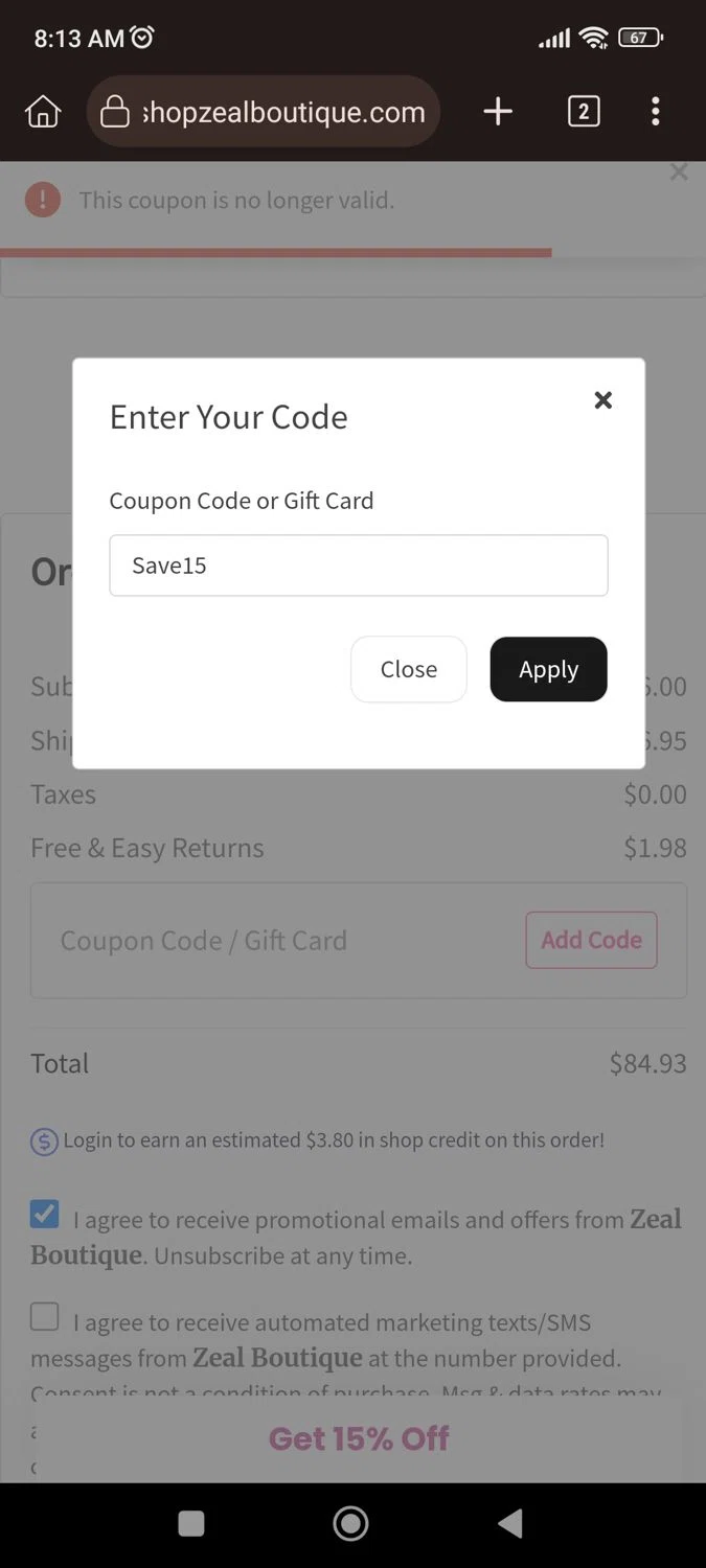 Zeal Boutique coupon code screenshot showing code Save15 applied at Zeal Boutique checkout page. Uploaded by SimplyCodes community member CrownLion2750 on Feb 16, 2026