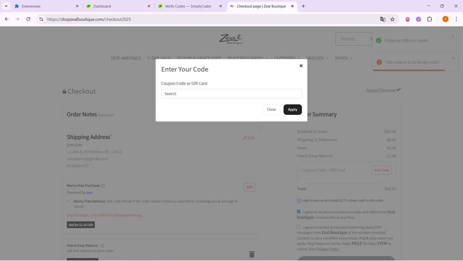 Zeal Boutique coupon code screenshot showing code Save15 applied at Zeal Boutique checkout page. Uploaded by SimplyCodes community member VoucherShopper4674 on Feb 16, 2026