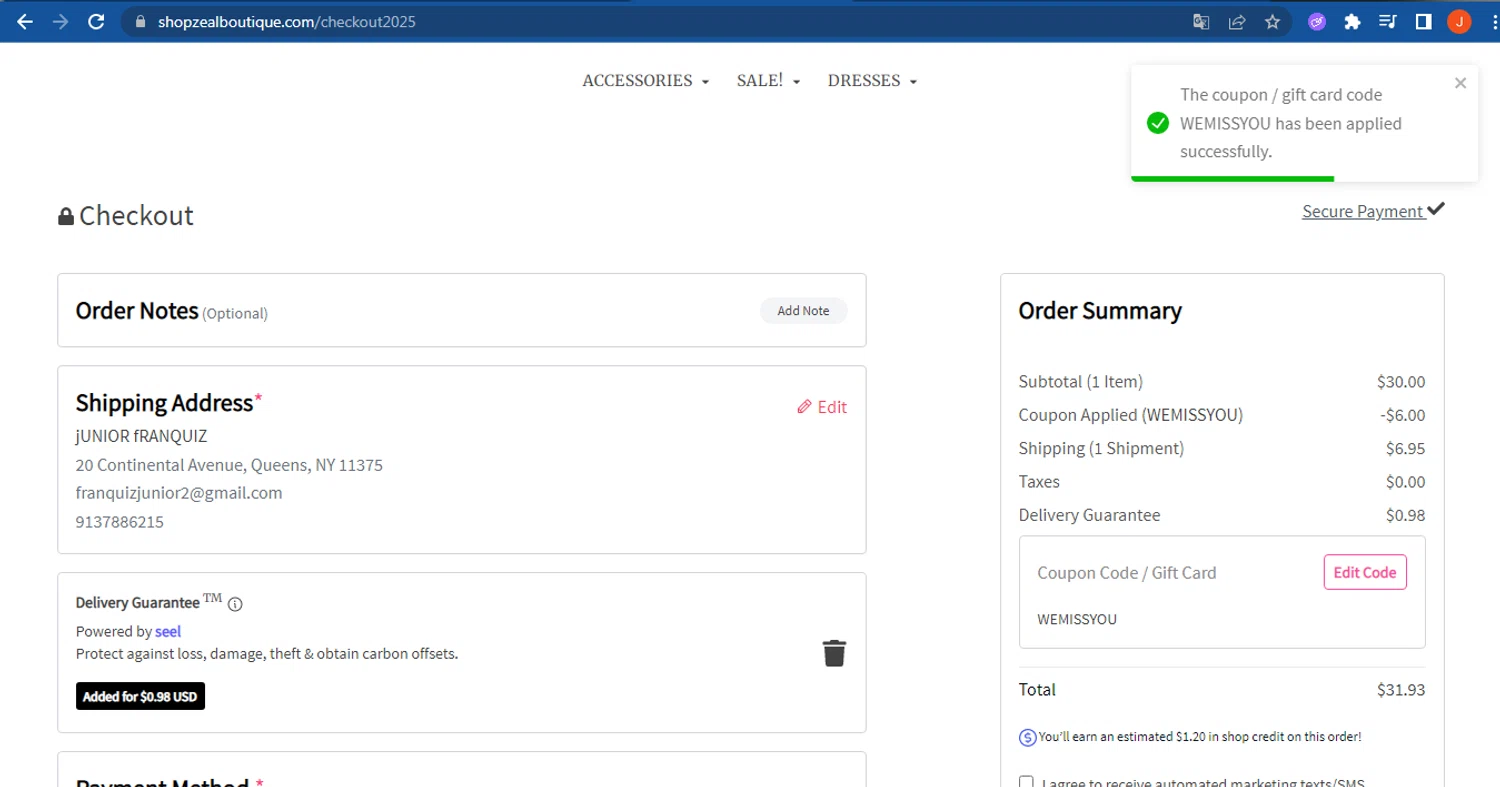 Zeal Boutique coupon code screenshot showing code WEMISSYOU applied at Zeal Boutique checkout page. Uploaded by SimplyCodes community member FranquizJoel on Aug 1, 2025