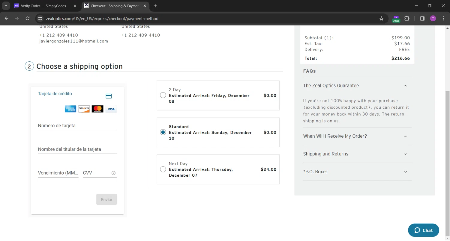 Zeal Optics checkout page showing Zeal Optics promo code box | Screenshot taken by SimplyCodes community member on Dec 5, 2023