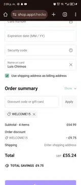 WELCOME15 coupon verification screenshot