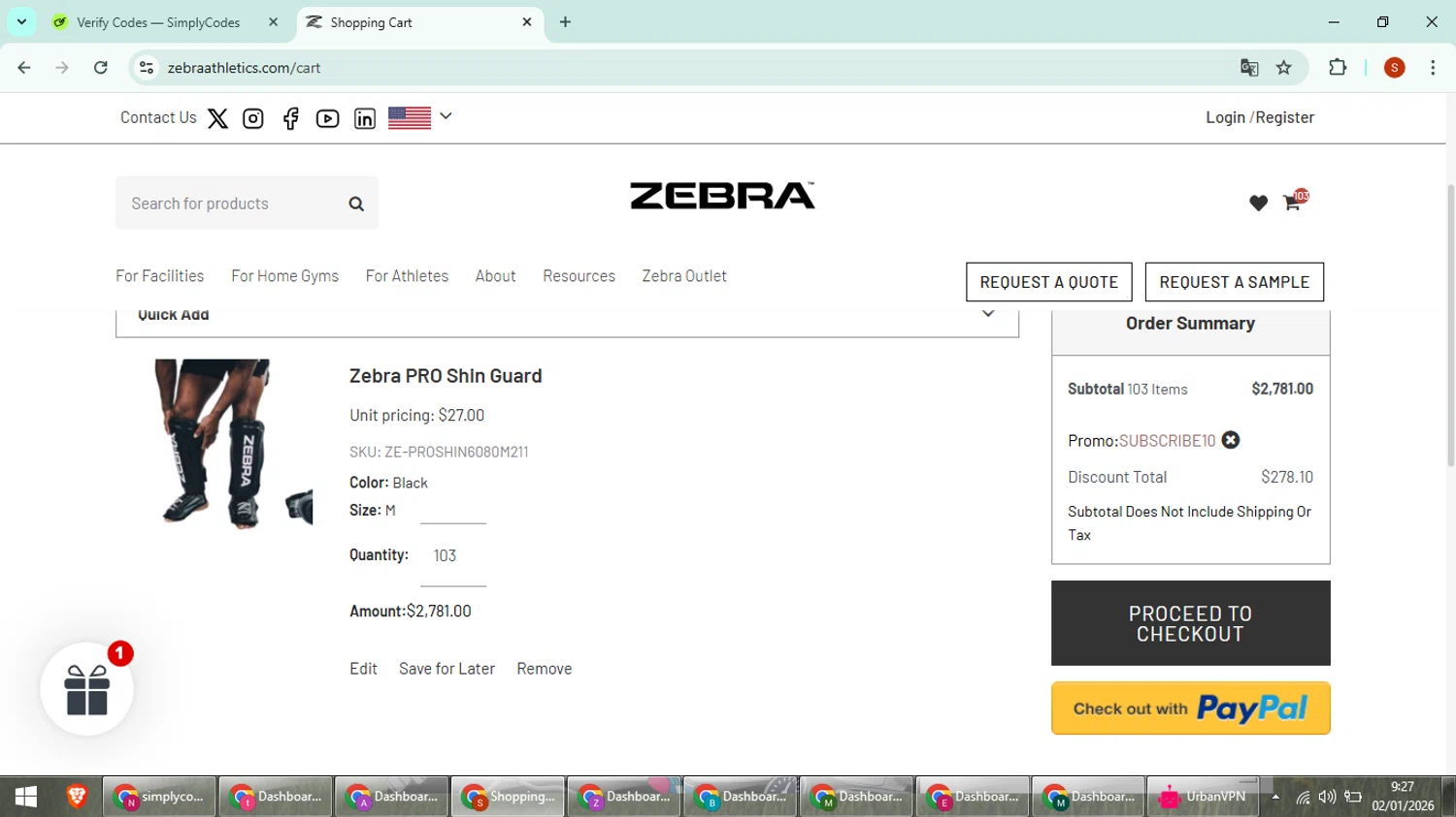 Zebra Athletics checkout page showing Zebra Athletics coupon code box | Screenshot taken by SimplyCodes community member on Jan 2, 2026