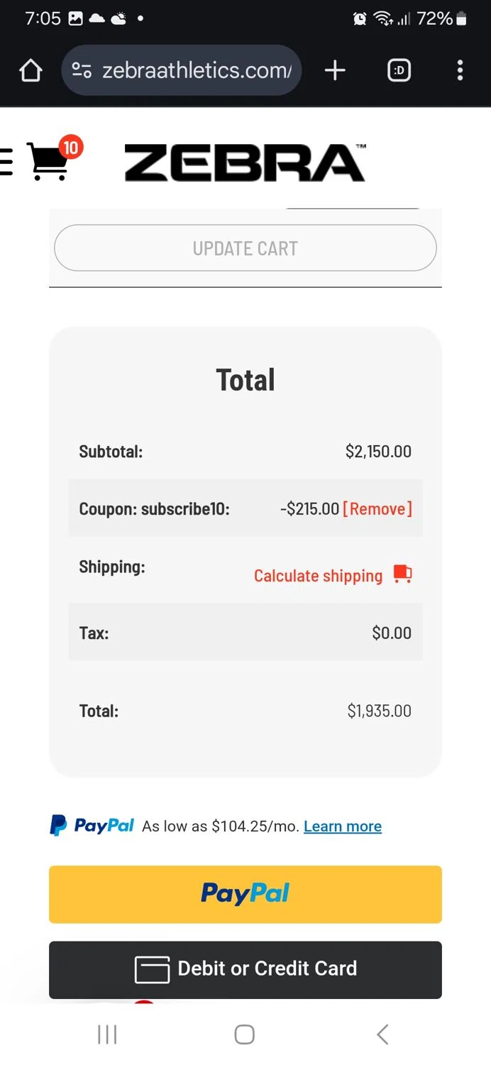 Zebra Athletics coupon code screenshot showing code SUBSCRIBE10 applied at Zebra Athletics checkout page. Uploaded by SimplyCodes community member MeganFox on Jun 9, 2025