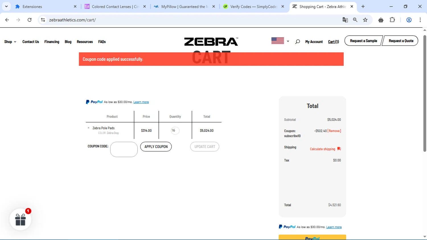 Zebra Athletics coupon code screenshot showing code SUBSCRIBE10 applied at Zebra Athletics checkout page. Uploaded by SimplyCodes community member dolce_codmax213 on May 26, 2025
