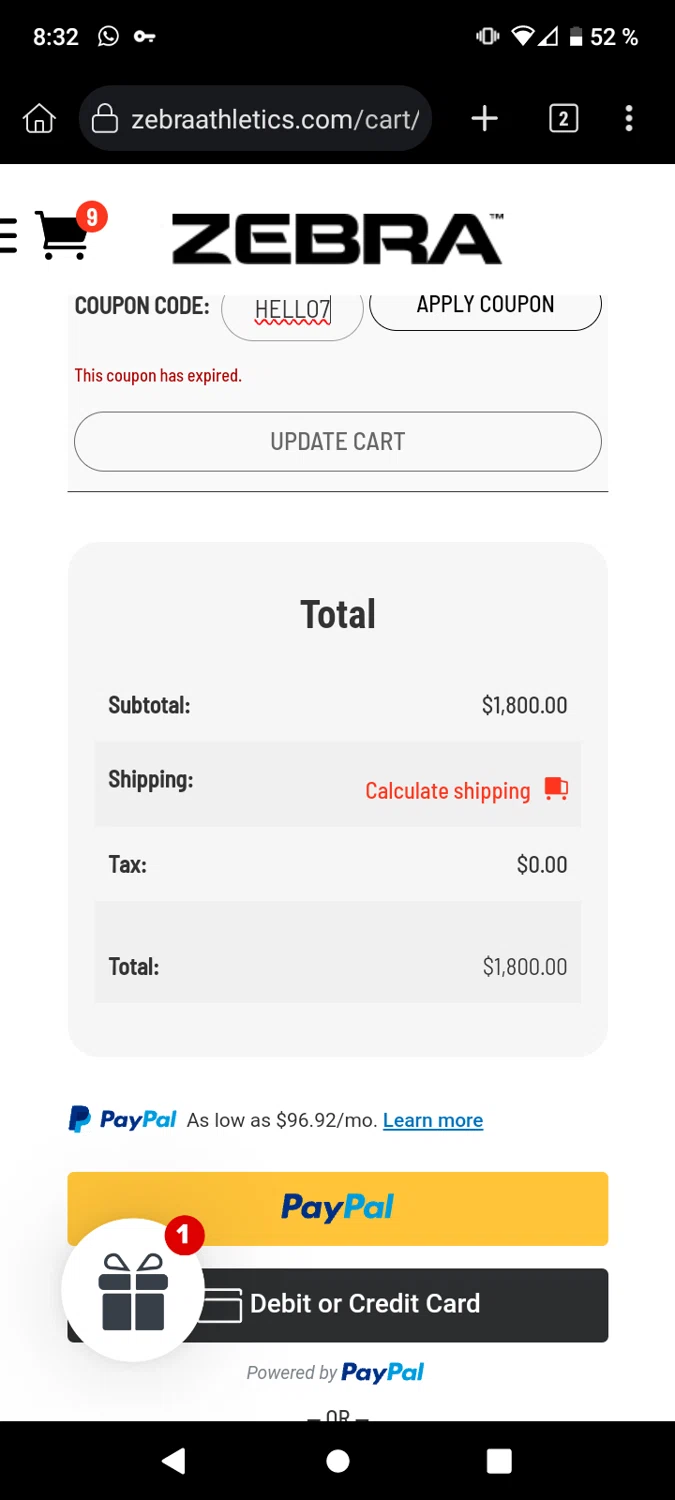Zebra Athletics coupon code screenshot showing code HELLO7 applied at Zebra Athletics checkout page. Uploaded by SimplyCodes community member Anthony_Diaz on Jan 8, 2025