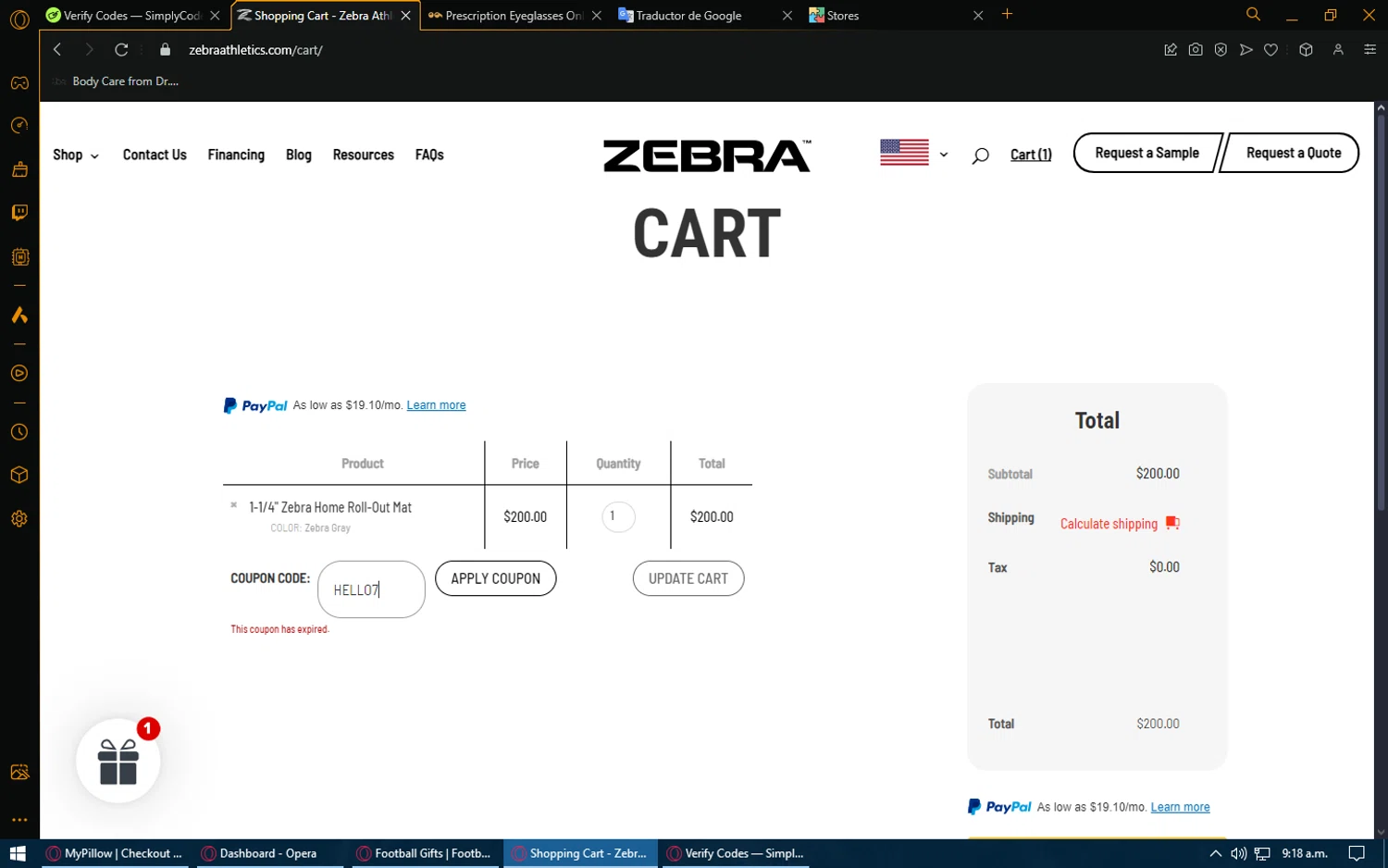 Zebra Athletics coupon code screenshot showing code HELLO7 applied at Zebra Athletics checkout page. Uploaded by SimplyCodes community member SrSolomon on Jan 8, 2025