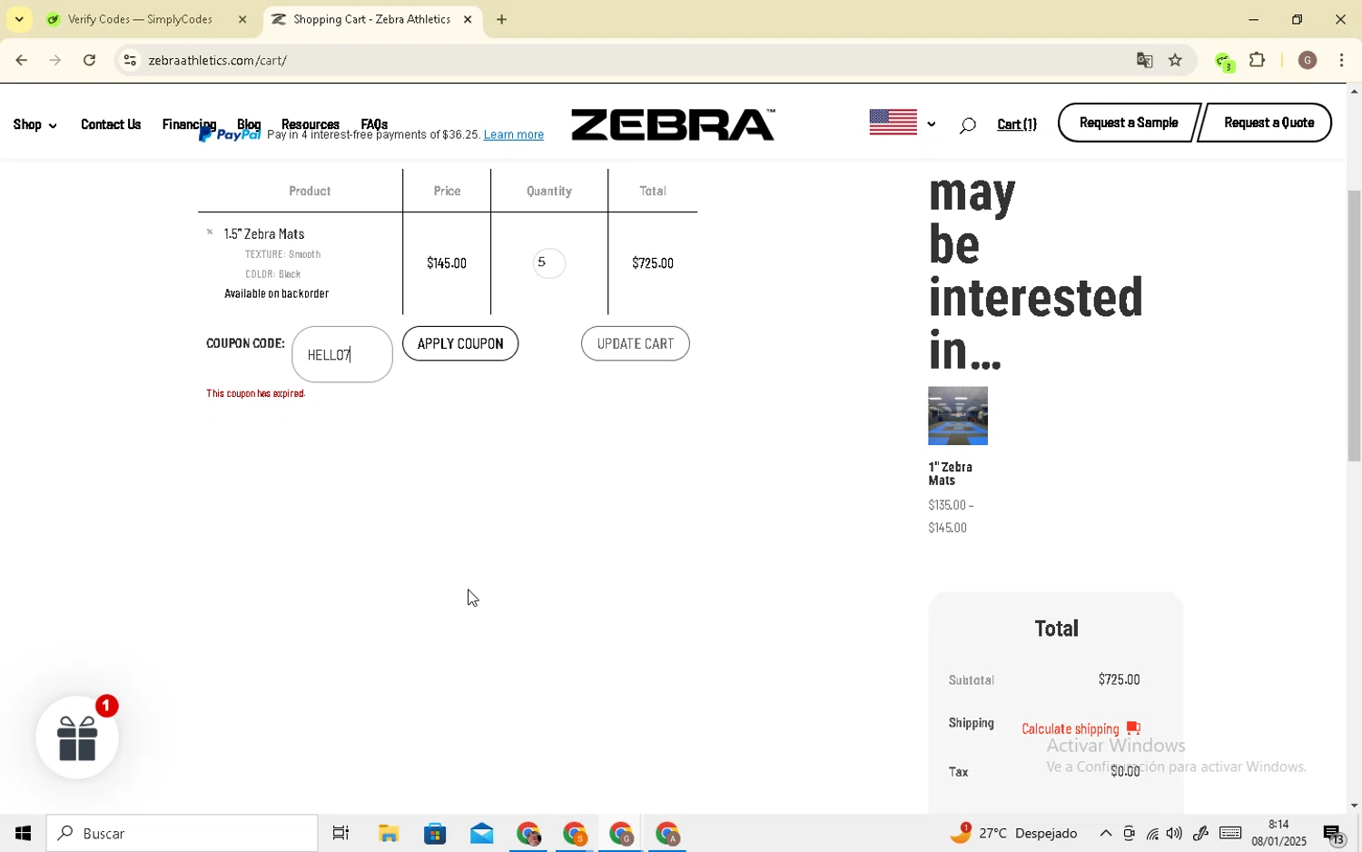 Zebra Athletics coupon code screenshot showing code HELLO7 applied at Zebra Athletics checkout page. Uploaded by SimplyCodes community member 0000012354tdrfg on Jan 8, 2025
