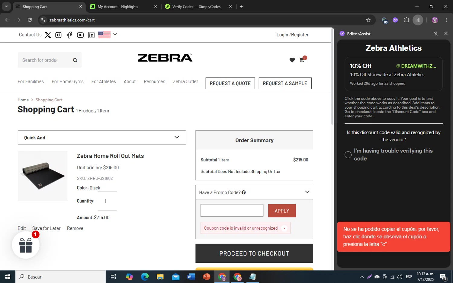 Zebra Athletics coupon code screenshot showing code DREAMWITHZEBRA10 applied at Zebra Athletics checkout page. Uploaded by SimplyCodes community member LassoReyes on Dec 7, 2025