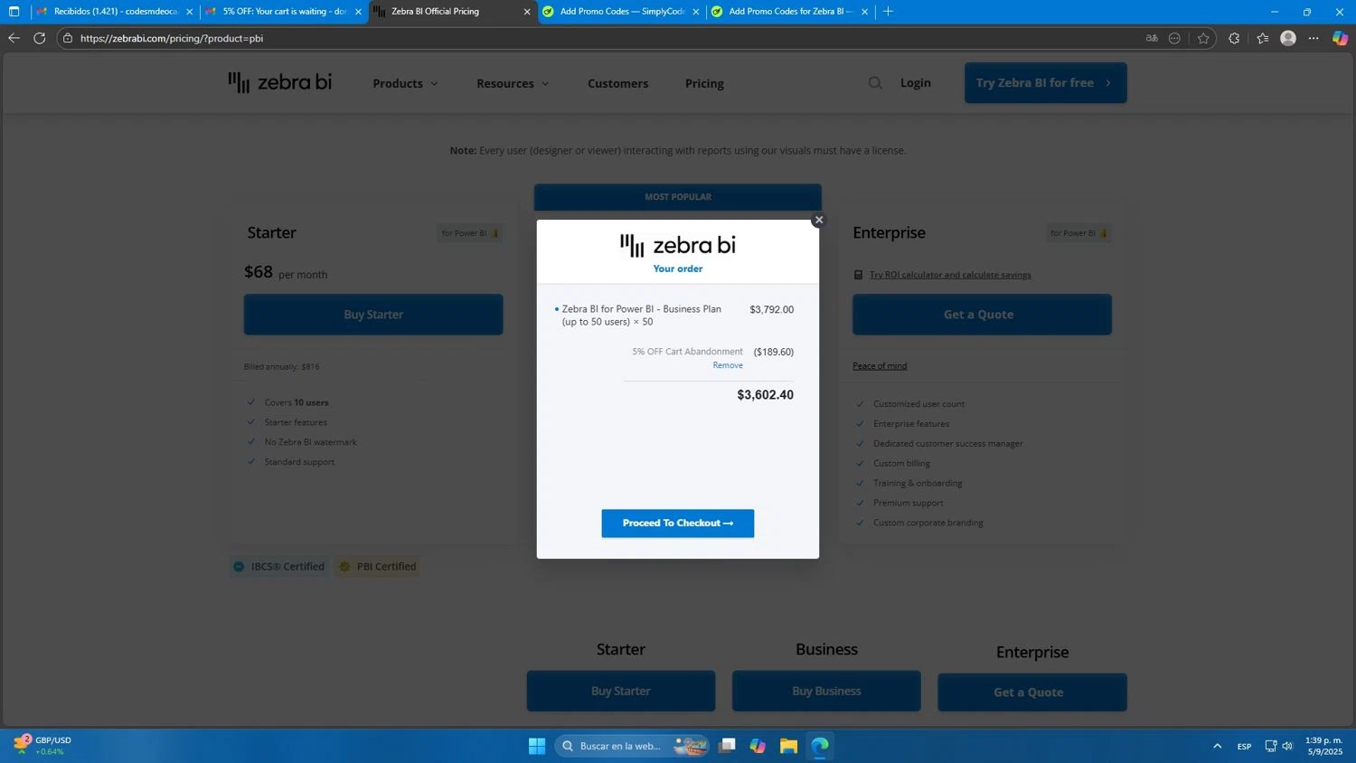 Zebra BI promo code screenshot showing code CART5 applied at Zebra BI checkout page. Uploaded by SimplyCodes community member Mdeoca on Sep 5, 2025