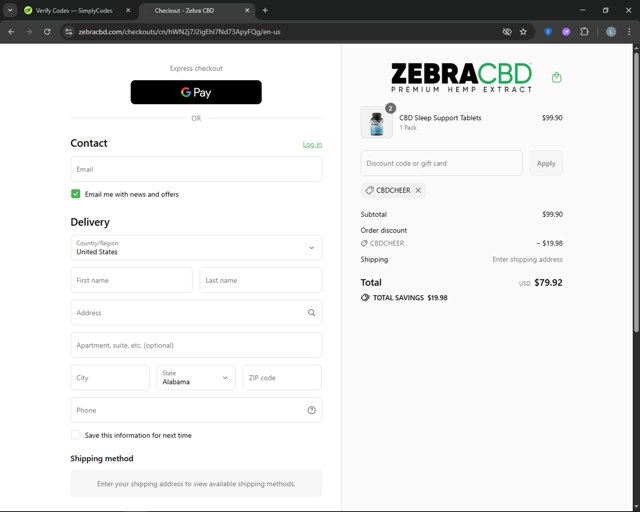 ZebraCBD checkout page showing ZebraCBD promo code box | Screenshot taken by SimplyCodes community member on Sep 8, 2025