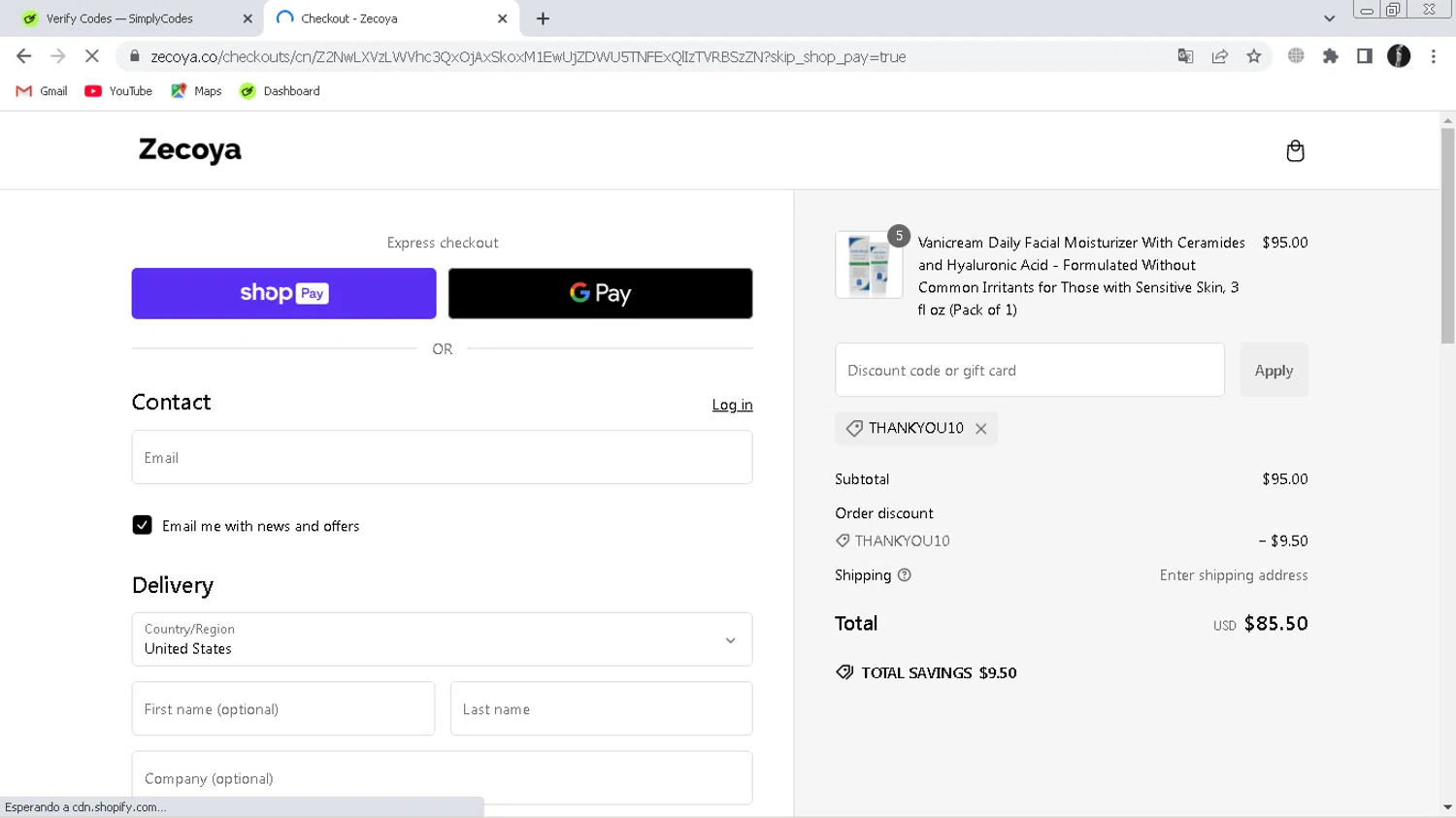 Zecoya coupon code screenshot showing code thankyou10 applied at Zecoya checkout page. Uploaded by SimplyCodes community member ChinoYugiXD on Jan 20, 2025
