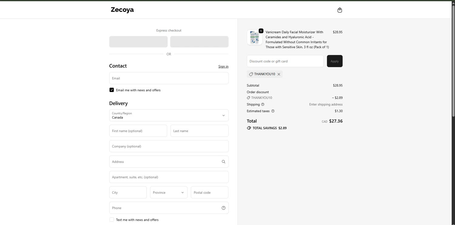 Zecoya coupon code screenshot showing code thankyou10 applied at Zecoya checkout page. Uploaded by SimplyCodes community member RoyalVirtuoso4479 on Oct 19, 2025
