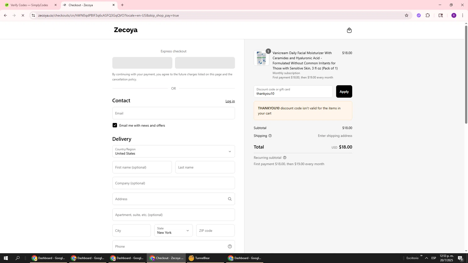 Zecoya coupon code screenshot showing code thankyou10 applied at Zecoya checkout page. Uploaded by SimplyCodes community member ukemochi on Jul 20, 2025