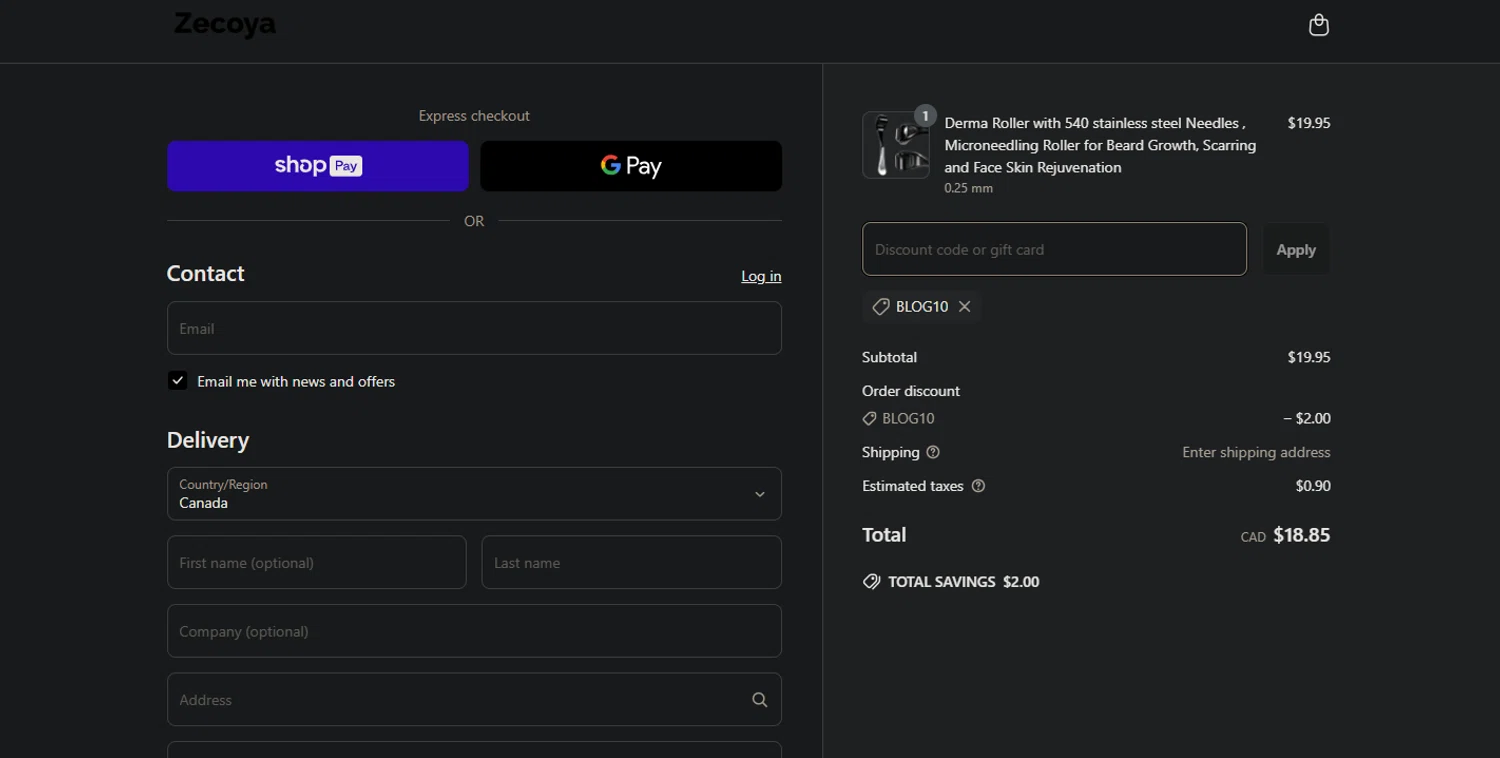Zecoya coupon code screenshot showing code BLOG10 applied at Zecoya checkout page. Uploaded by SimplyCodes community member Pollofrito on Mar 27, 2025