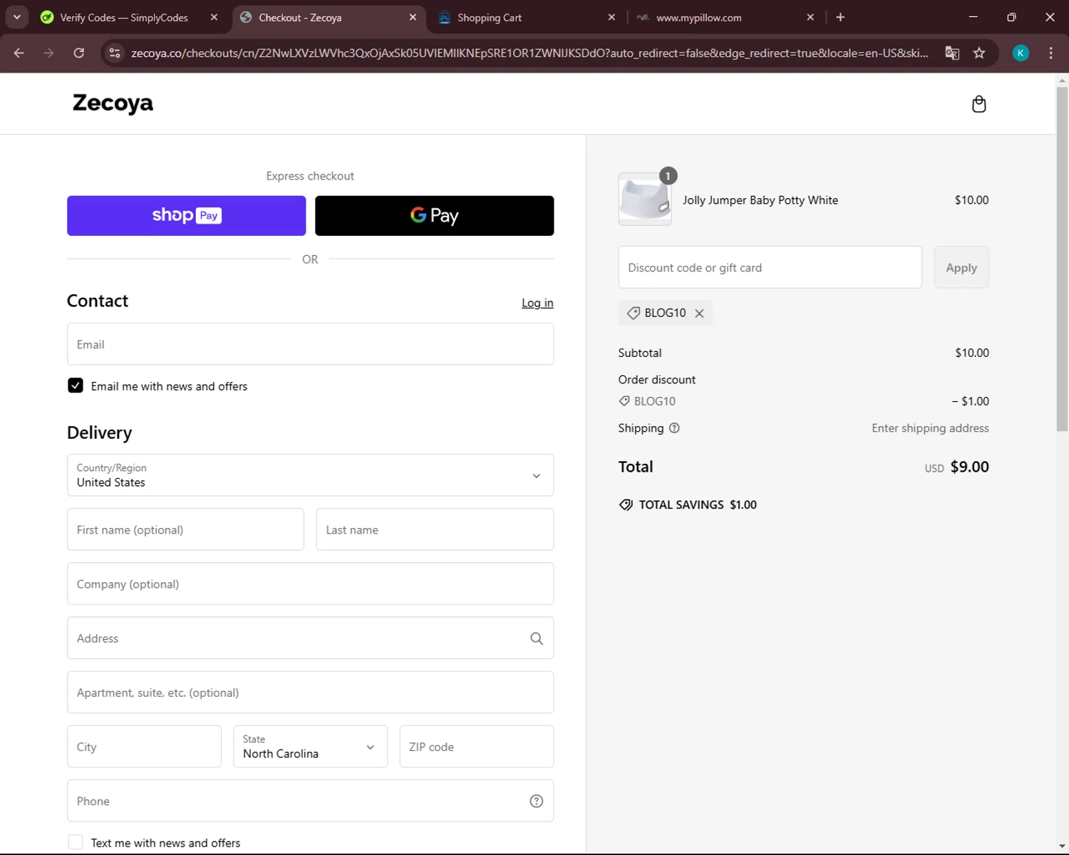 Zecoya coupon code screenshot showing code BLOG10 applied at Zecoya checkout page. Uploaded by SimplyCodes community member VoucherSleuth3236 on Feb 17, 2025