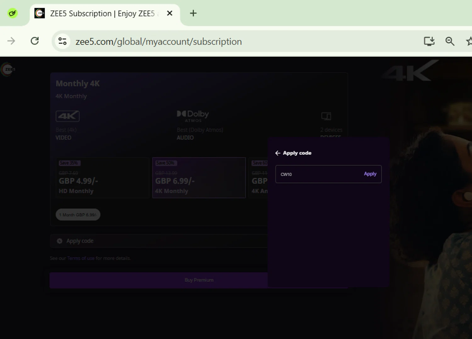 ZEE5 Premium promo code screenshot showing code CW10 applied at ZEE5 Premium checkout page. Uploaded by SimplyCodes community member CodeVirtuoso1353 on Feb 16, 2025