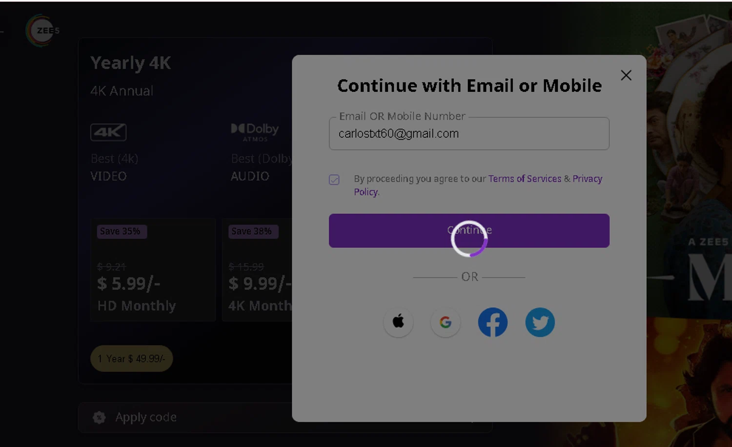 ZEE5 Premium checkout page showing ZEE5 Premium promo code box | Screenshot taken by SimplyCodes community member on Feb 18, 2025