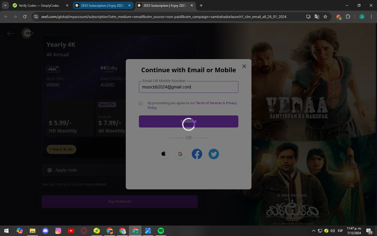 ZEE5 Premium checkout page showing ZEE5 Premium promo code box | Screenshot taken by SimplyCodes community member on Dec 8, 2024