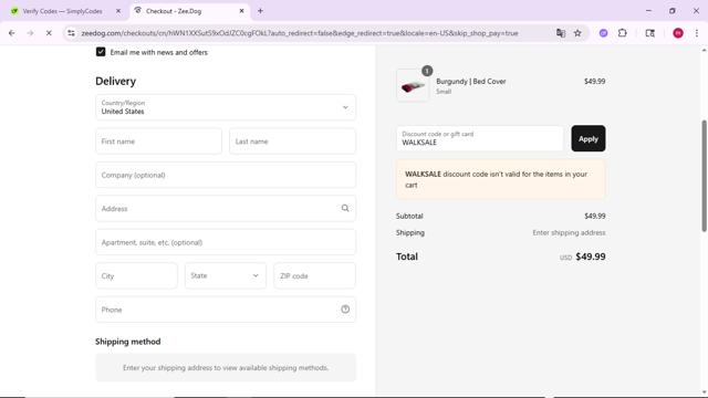 Zee Dog checkout page showing Zee Dog discount code box | Screenshot taken by SimplyCodes community member on Aug 7, 2025