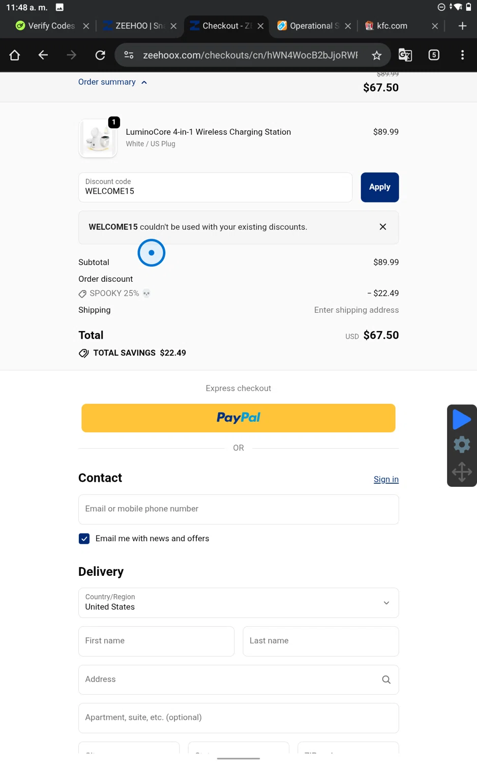 ZEEHOO promo code screenshot showing code WELCOME15 applied at ZEEHOO checkout page. Uploaded by SimplyCodes community member SmartWhiz9028 on Oct 25, 2025