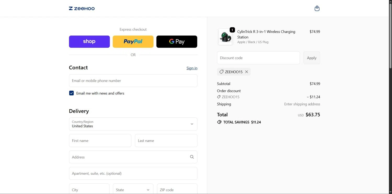 ZEEHOO promo code screenshot showing code ZEEHOO15 applied at ZEEHOO checkout page. Uploaded by SimplyCodes community member Depressive on Dec 7, 2025