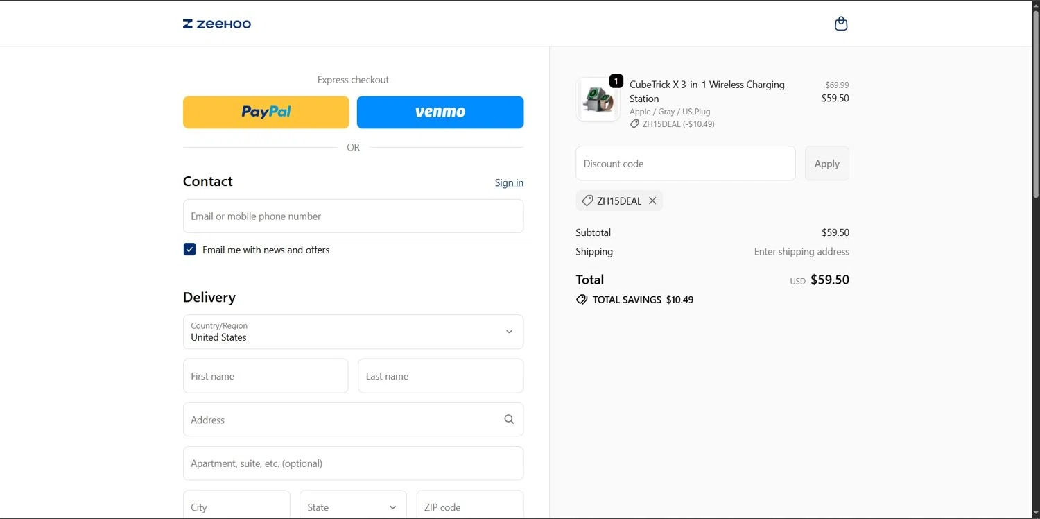 ZEEHOO promo code screenshot showing code ZH15DEAL applied at ZEEHOO checkout page. Uploaded by SimplyCodes community member Depressive on Nov 6, 2025