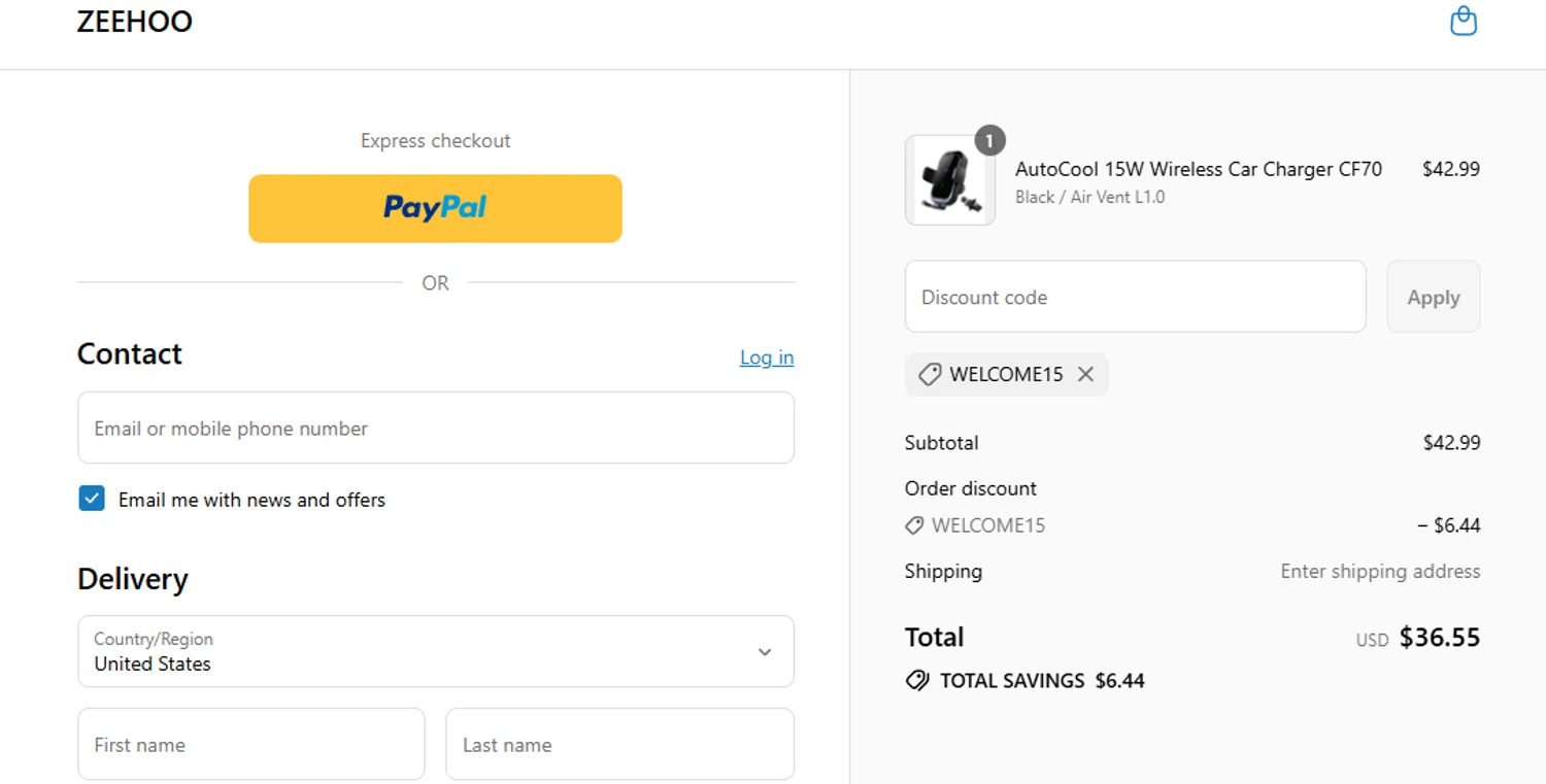 ZEEHOO promo code screenshot showing code WELCOME15 applied at ZEEHOO checkout page. Uploaded by SimplyCodes community member aumentadax10 on Aug 28, 2025