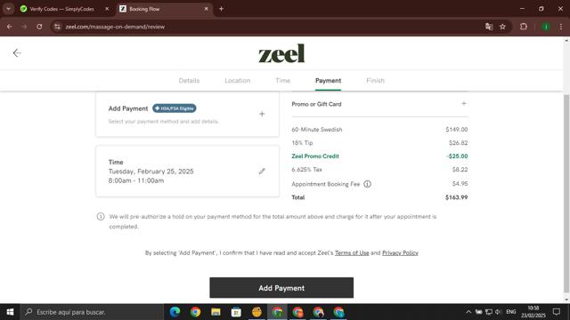 Zeel checkout page showing Zeel promo code box | Screenshot taken by SimplyCodes community member on Feb 23, 2025