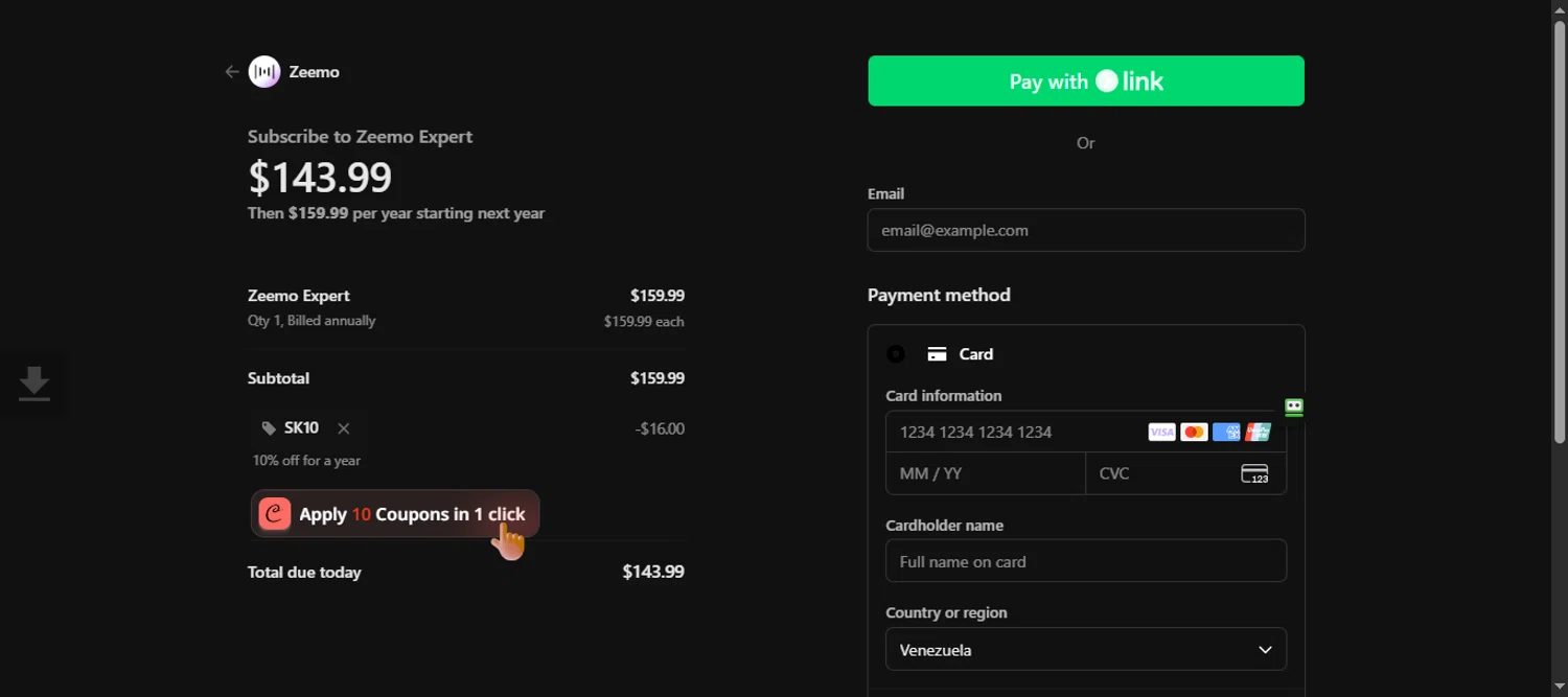 Zeemo promo code screenshot showing code SK10 applied at Zeemo checkout page. Uploaded by SimplyCodes community member 111111 on Sep 7, 2025
