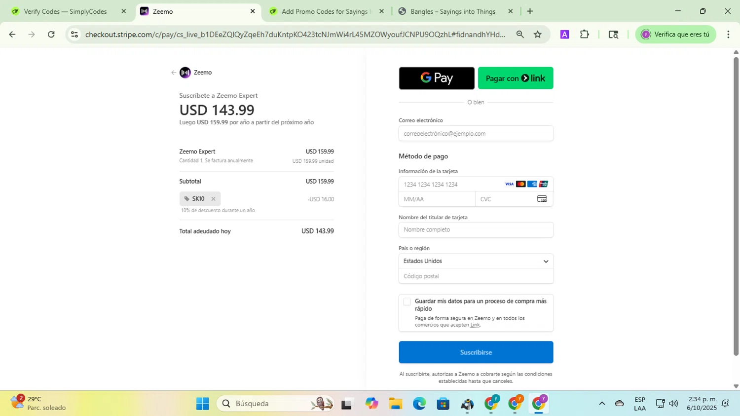 Zeemo promo code screenshot showing code SK10 applied at Zeemo checkout page. Uploaded by SimplyCodes community member jesusalvarez1 on Oct 6, 2025