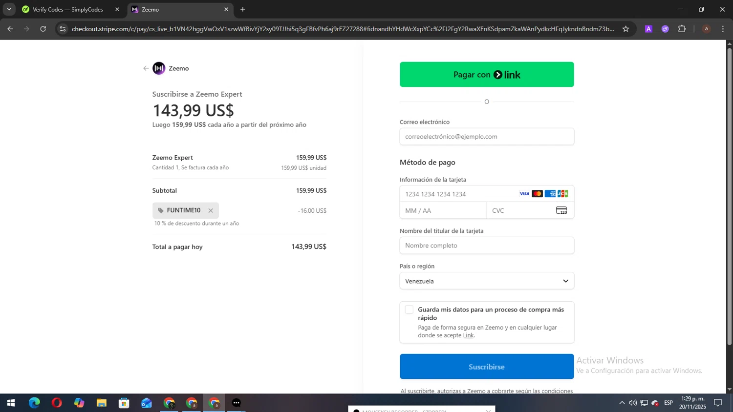 Zeemo promo code screenshot showing code FUNTIME10 applied at Zeemo checkout page. Uploaded by SimplyCodes community member elbicho22 on Nov 20, 2025