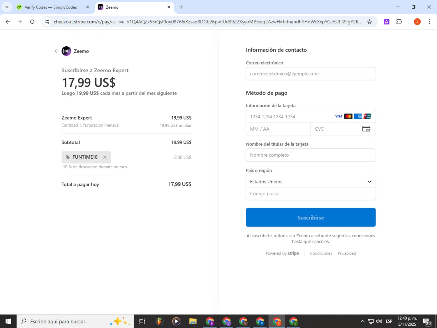 Zeemo promo code screenshot showing code FUNTIME10 applied at Zeemo checkout page. Uploaded by SimplyCodes community member partenalgas on Nov 5, 2025