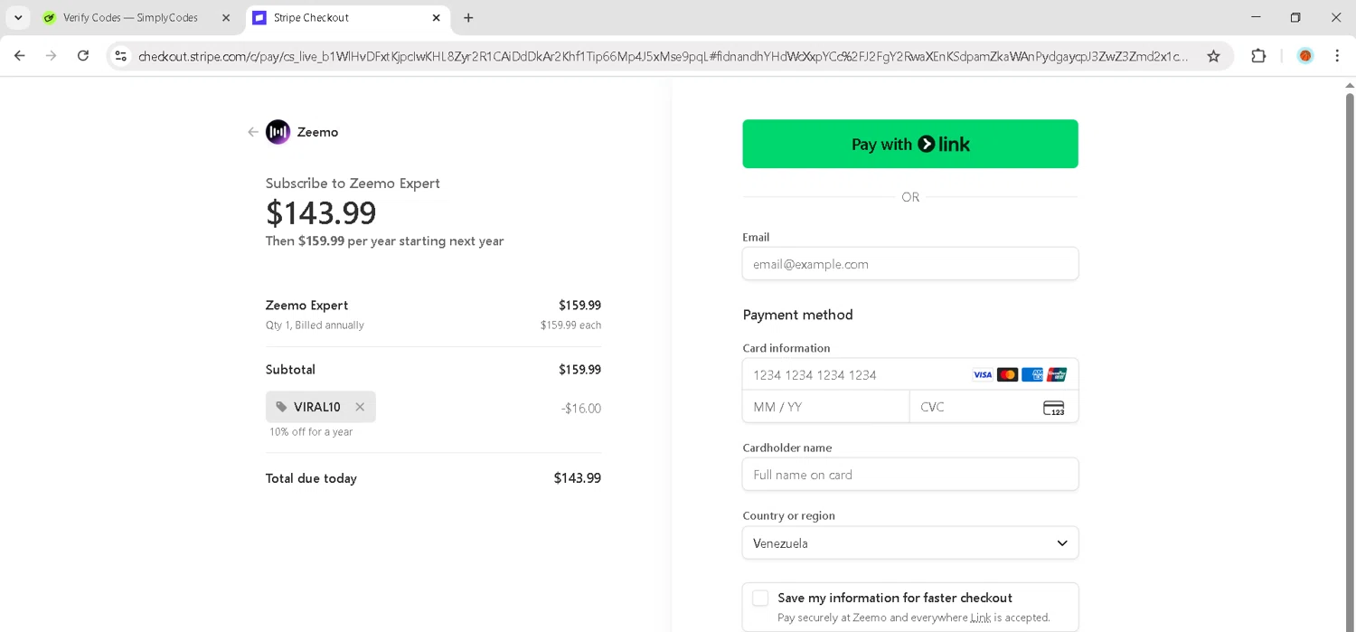 Zeemo promo code screenshot showing code VIRAL10 applied at Zeemo checkout page. Uploaded by SimplyCodes community member JosephStevens774 on Nov 20, 2025