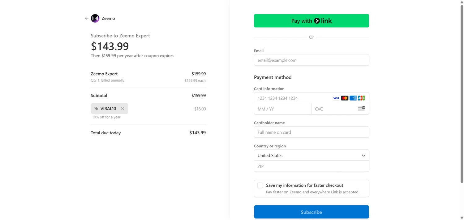 Zeemo promo code screenshot showing code VIRAL10 applied at Zeemo checkout page. Uploaded by SimplyCodes community member HoneyJean on Jul 10, 2025