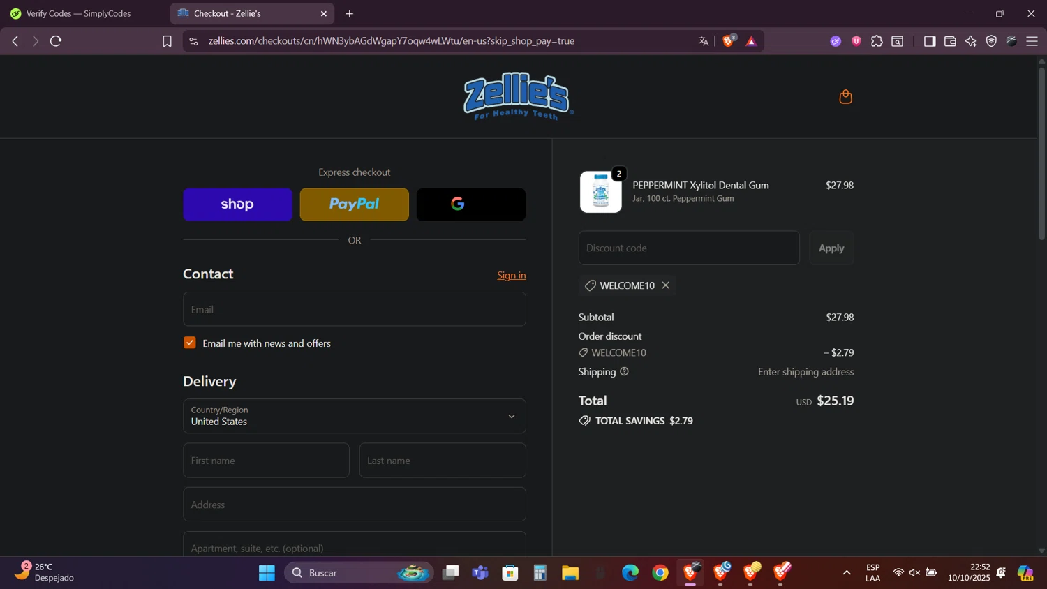 Zellie's discount code screenshot showing code WELCOME10 applied at Zellie's checkout page. Uploaded by SimplyCodes community member Caraxes on Oct 11, 2025
