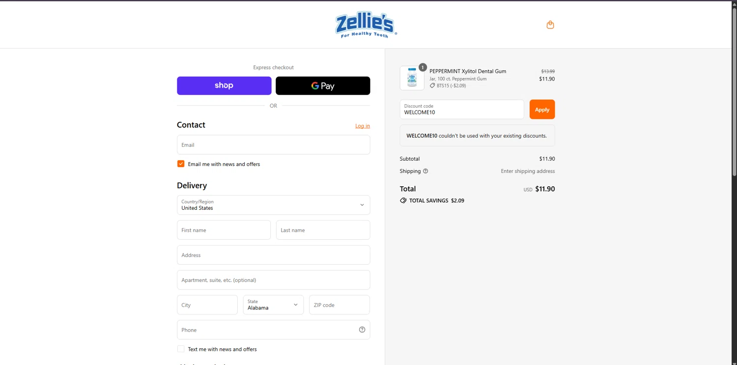 Zellie's discount code screenshot showing code WELCOME10 applied at Zellie's checkout page. Uploaded by SimplyCodes community member Carlosramirez09 on Aug 31, 2025
