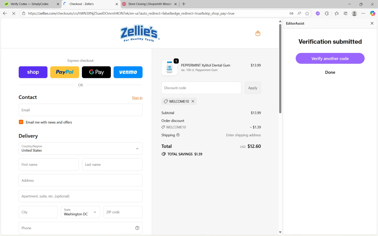 Zellie's discount code screenshot showing code WELCOME10 applied at Zellie's checkout page. Uploaded by SimplyCodes community member frijolito on Sep 29, 2025