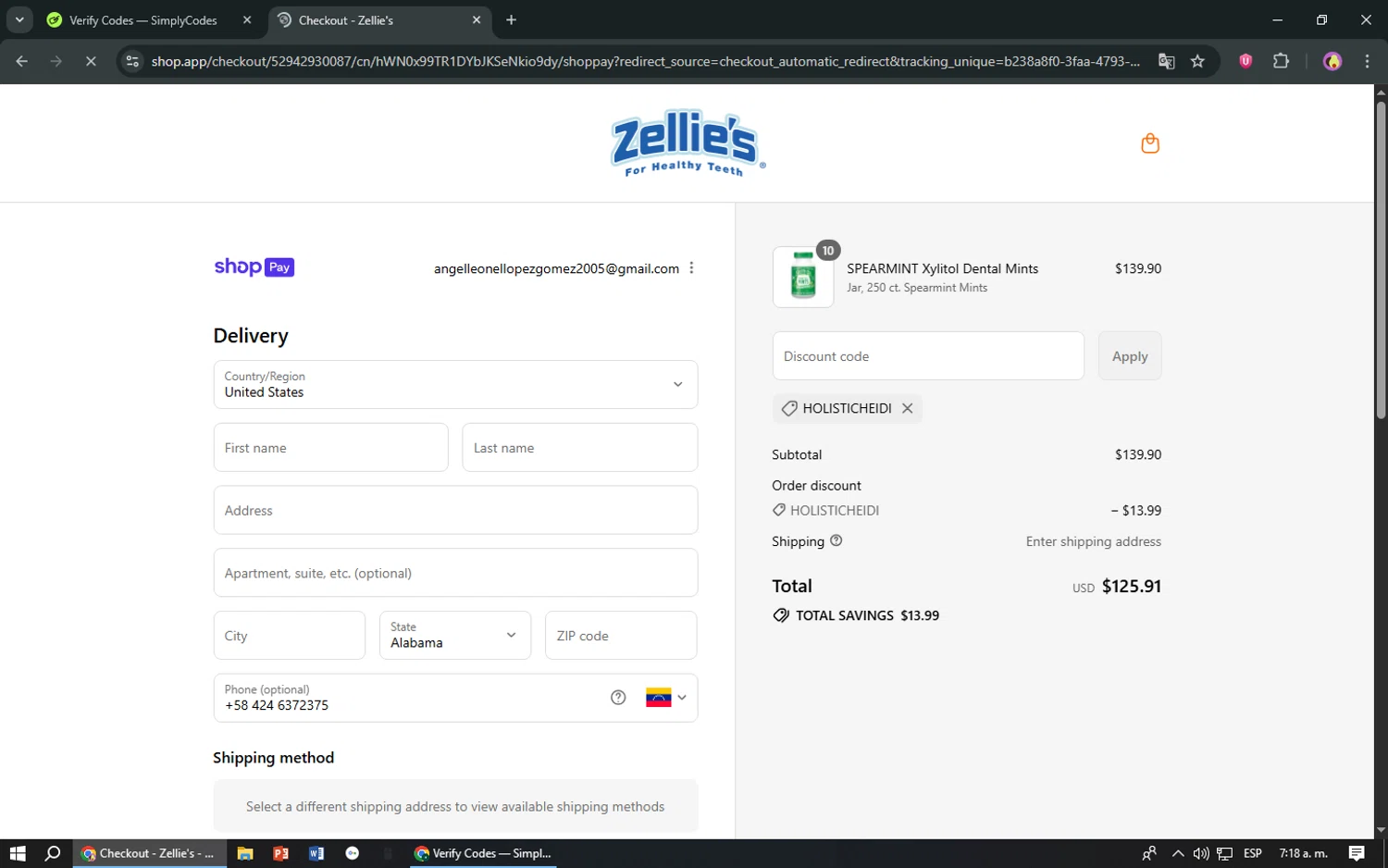 Zellie's discount code screenshot showing code holisticheidi applied at Zellie's checkout page. Uploaded by SimplyCodes community member TreasureShopper9156 on Jul 23, 2025